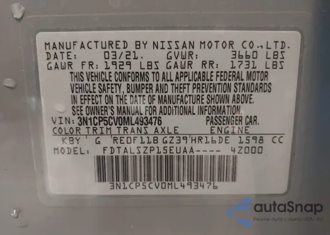 2021 Nissan Kicks Sv Xtronic Cvt из США, поврежденный, VIN 3N1CP5CV0ML493476